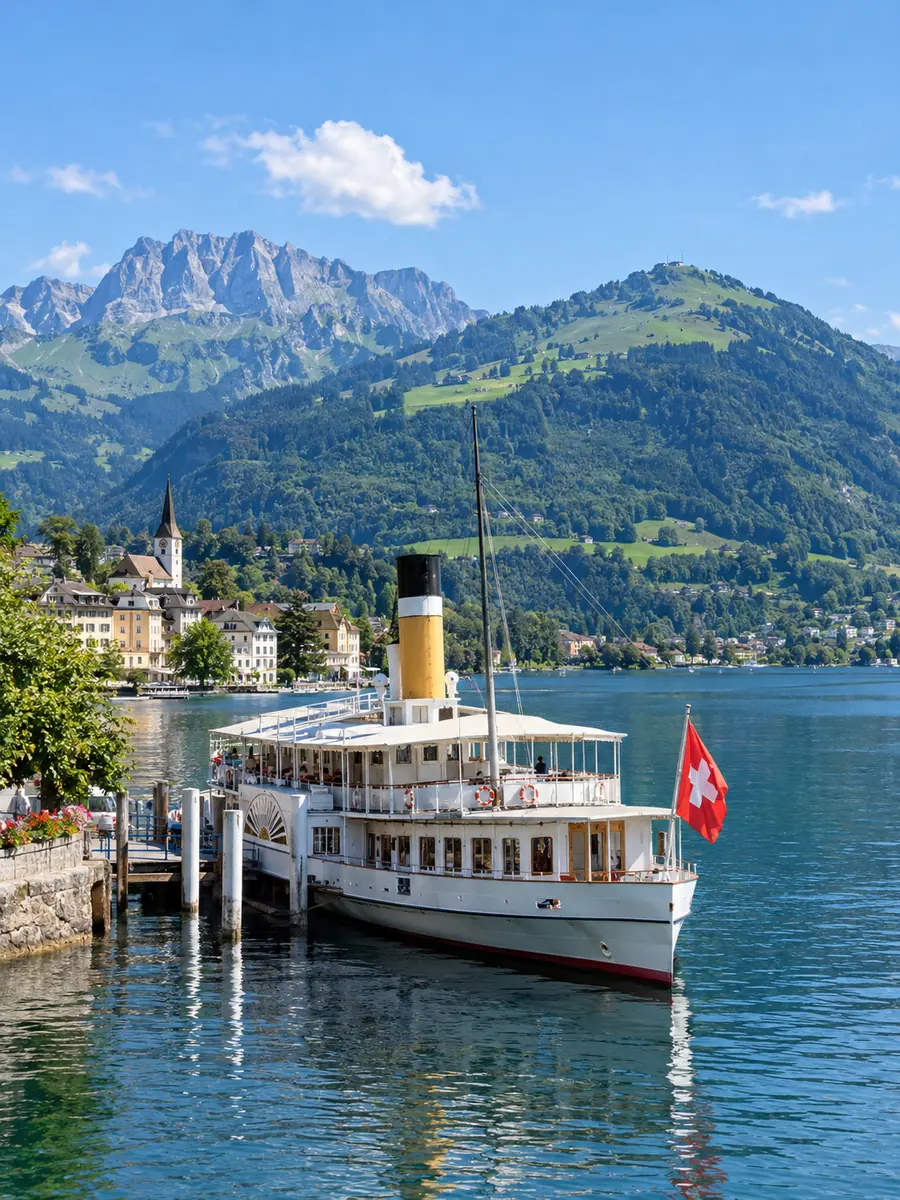 A white paddle steamer at the small Vitznau pier below the green slopes of Mount Rigi
