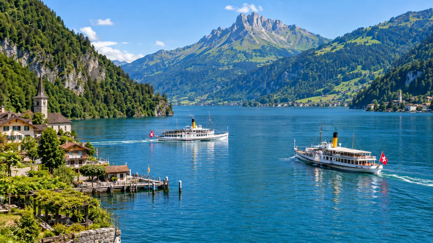 Two white lake ships passing each other on blue-green Lake Lucerne below steep wooded cliffs