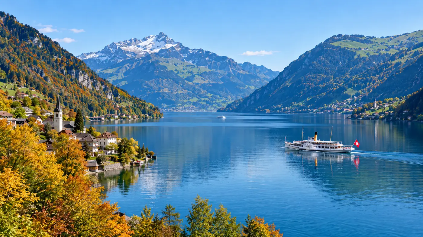 Lake Lucerne in early autumn with golden forest slopes, still water and a white steamer far out