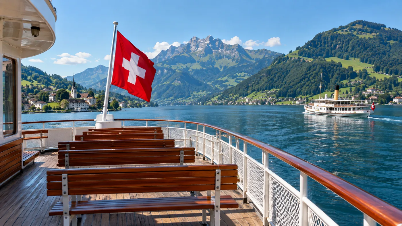 Empty wooden benches on the open upper deck of a Swiss lake steamer with a red Swiss flag at the stern