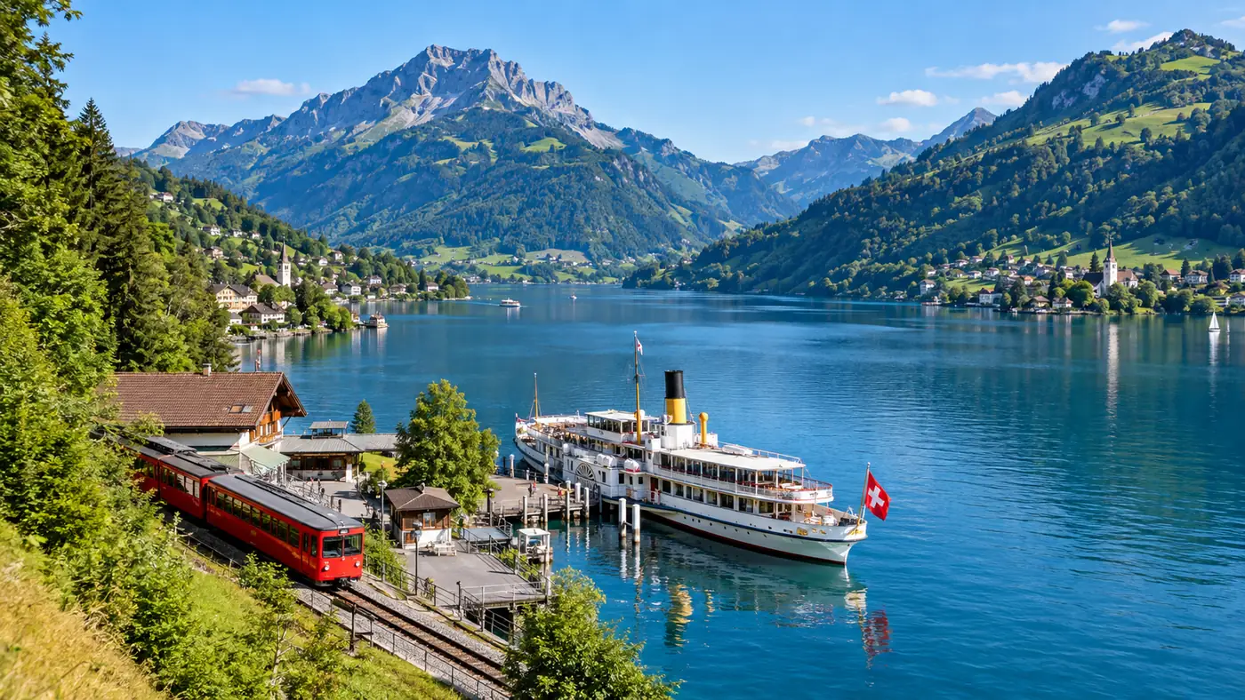 Lakeside station where a white ship meets a red cogwheel train