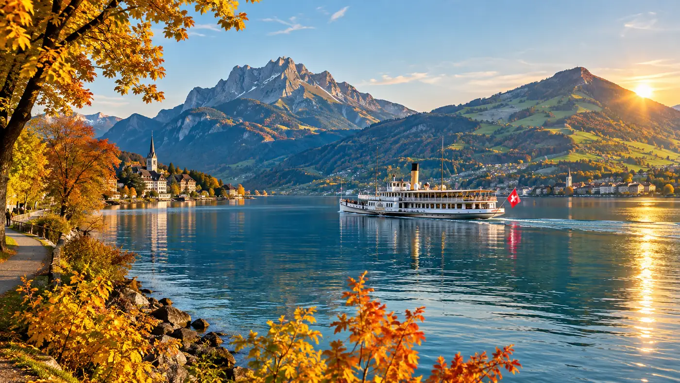 The lake shore in late October with yellow trees and a white ship on the water