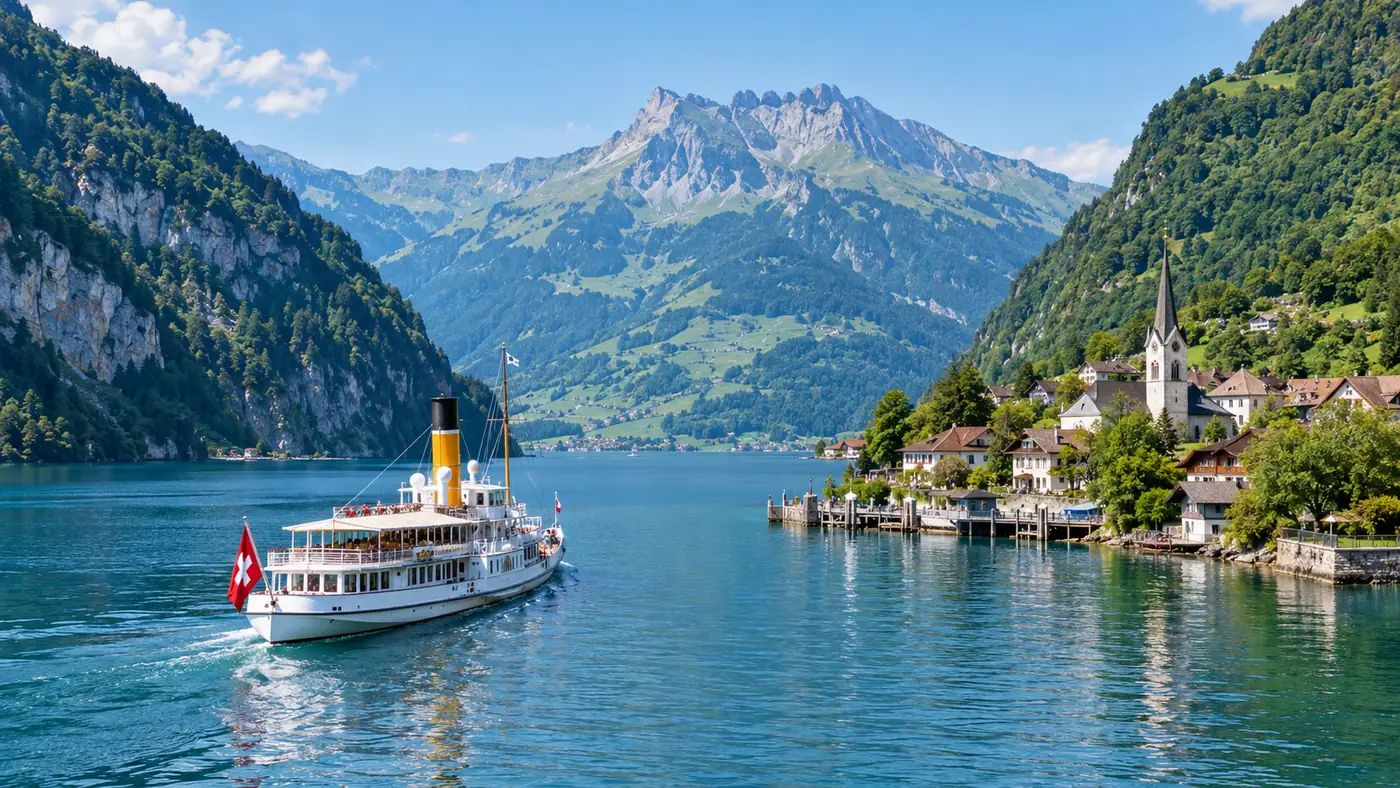 Ship approaching a village pier at the end of a narrow lake arm between high mountains