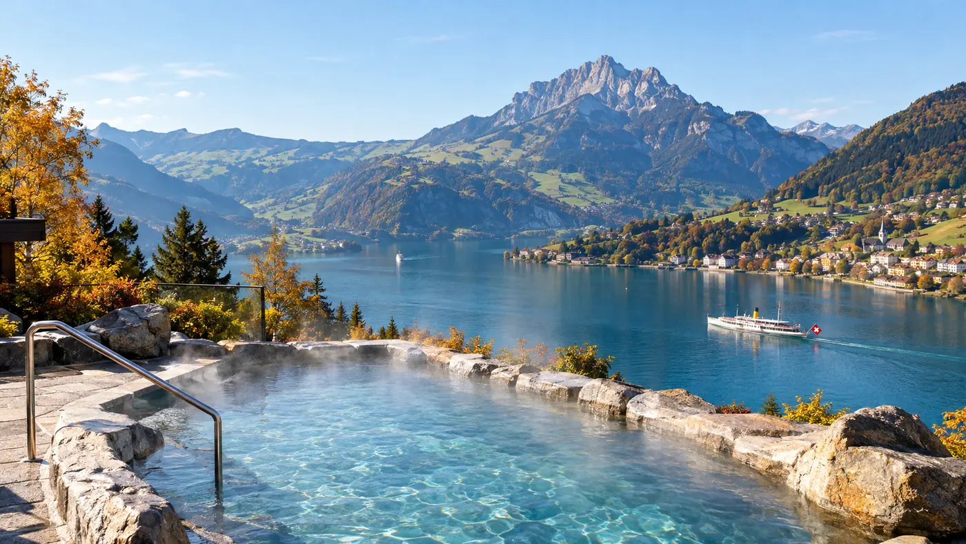 An outdoor mineral pool on a mountain terrace with rising steam and the lake far below