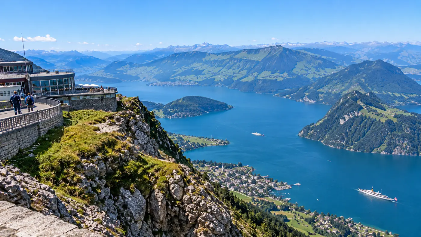 Stone terrace and summit hotel on Pilatus above a sea of mountain ridges