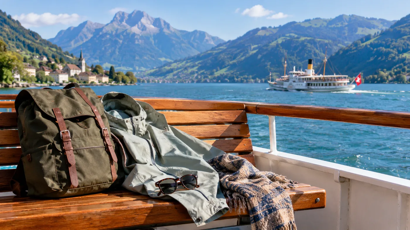 A rucksack, rain jacket, sunglasses and scarf on a wooden ship bench