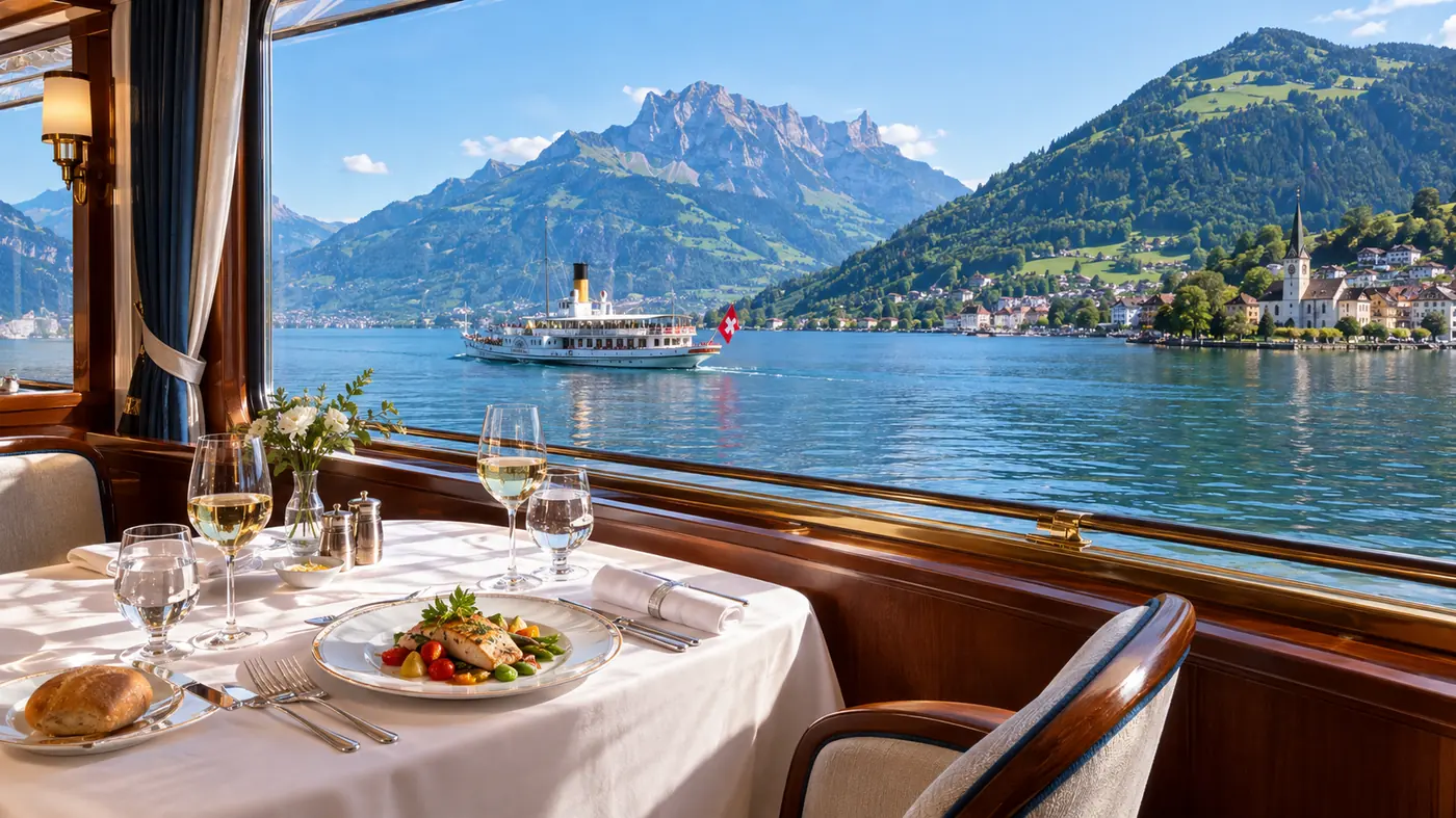 Set table with a plated lunch next to a first-class saloon window