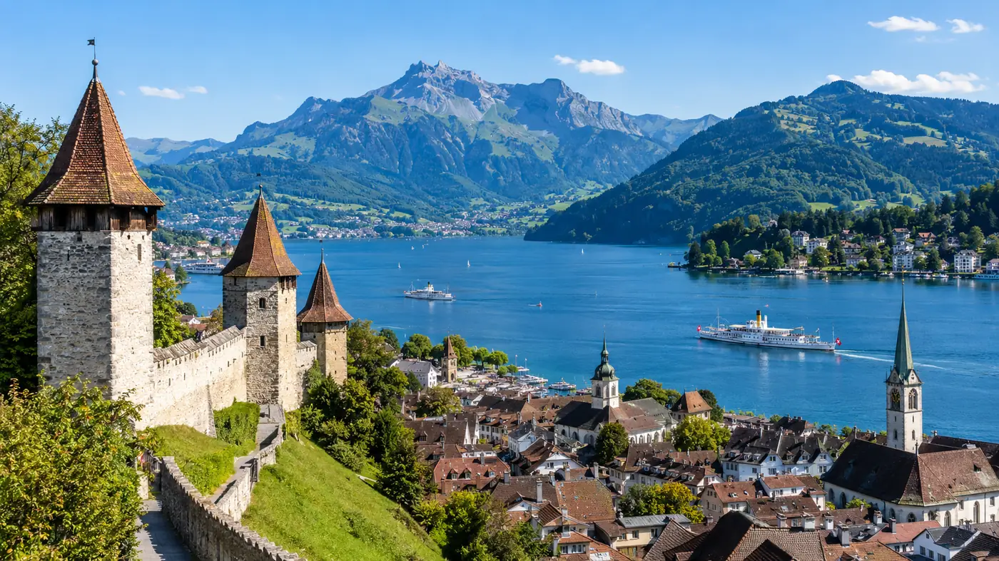 The Musegg Wall and its towers above the old town roofs, the lake and Pilatus beyond