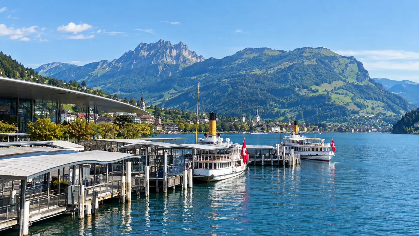 Covered landing stages in front of the big station roof in Lucerne, two ships moored
