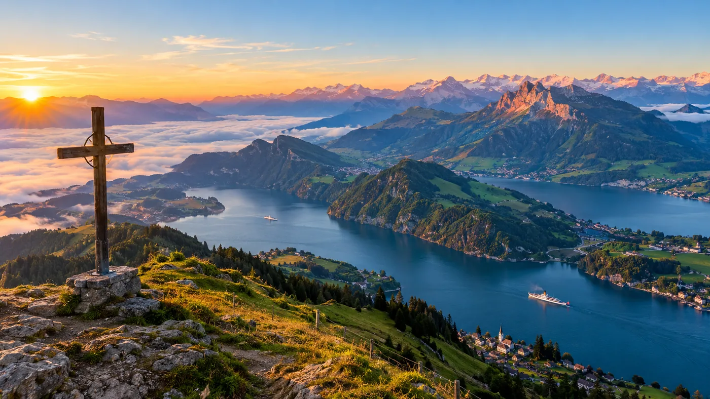 The Rigi summit at sunrise above a sea of clouds, with the summit cross in the foreground
