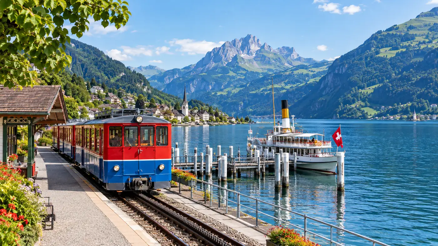 A red-and-blue cogwheel train waiting at the lakeside station beside the Vitznau pier