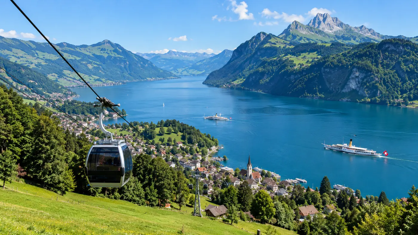 A cable car cabin gliding over green pastures toward Weggis and the lake