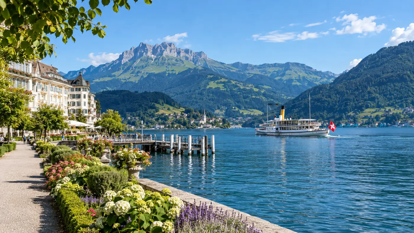 Weggis lakeside promenade with gardens, hotels and the boat pier