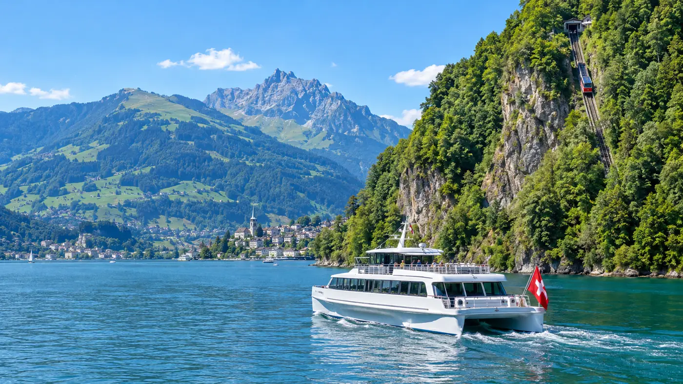 A catamaran on the lake below the steep wooded Bürgenstock cliff