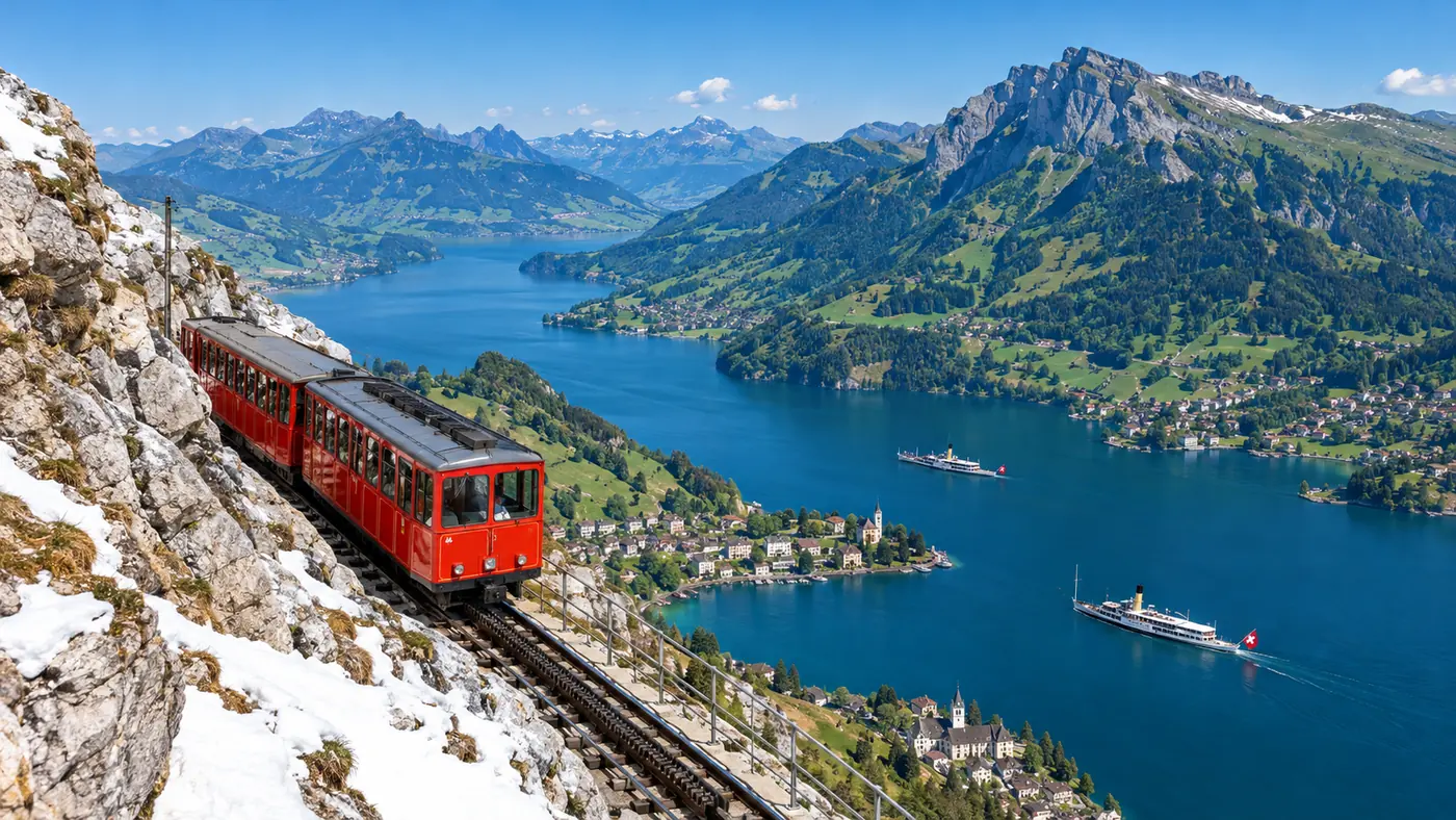 Red cogwheel train climbing between snowy rocks on Pilatus