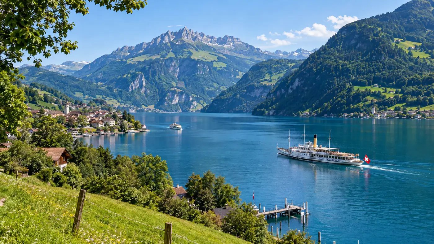 The Rütli meadow above Lake Uri with a small pier at the shore