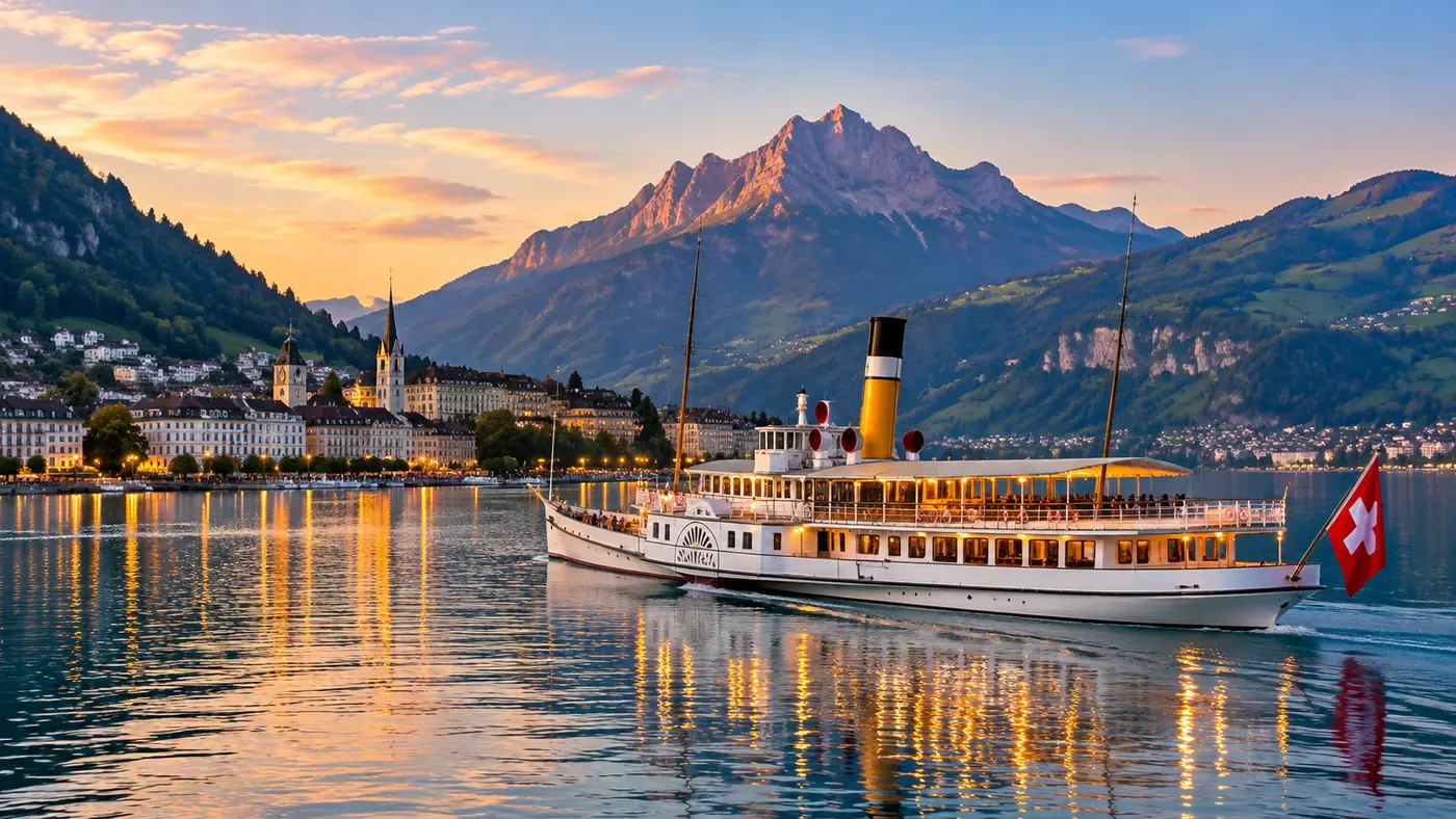 Paddle steamer with its deck lights on at dusk, the lit Lucerne lakefront behind