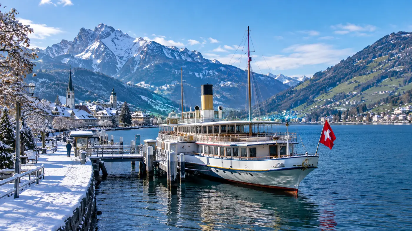 White lake ship moored at a snowy village pier